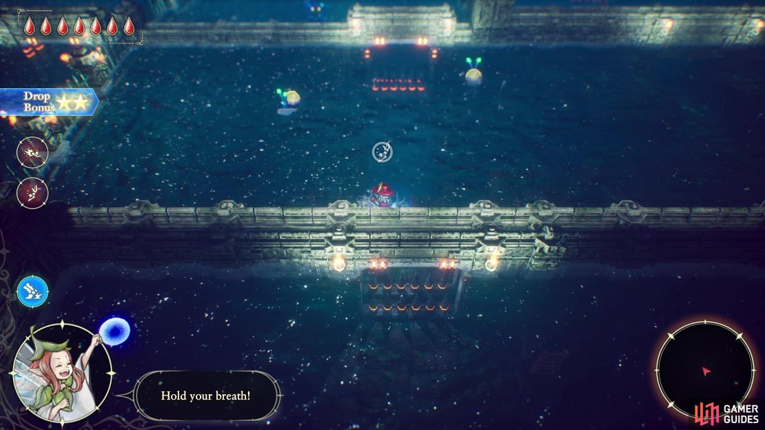 Once on Sublevel Two, work your way west, climb a ladder and hit a water orb to flood the room, then dive through a gateway to the north to reach a hallway.