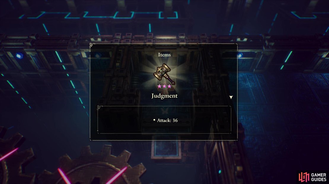 Found in the Geared Ruins dungeon in the Age of Magic. You can only access this during the True Ending route. Solve a platforming puzzle with some laser-lined gears to reach the big red chest housing this ultimate hammer.