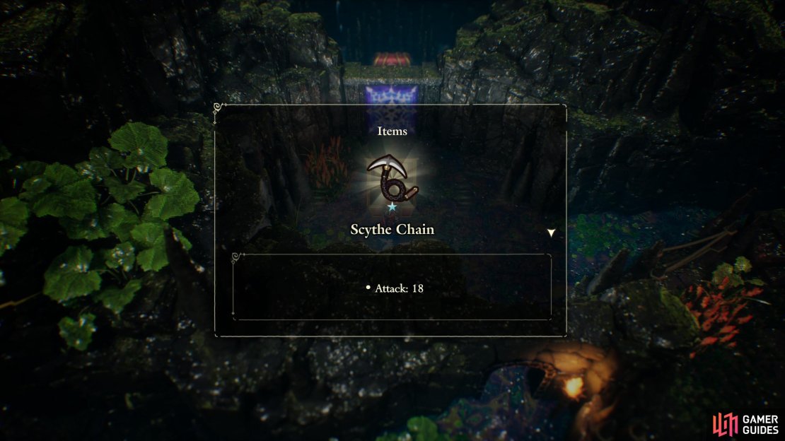 Plunder a big red chest in the Rainbow Lotus dungeon to score the Scythe Chain weapon.