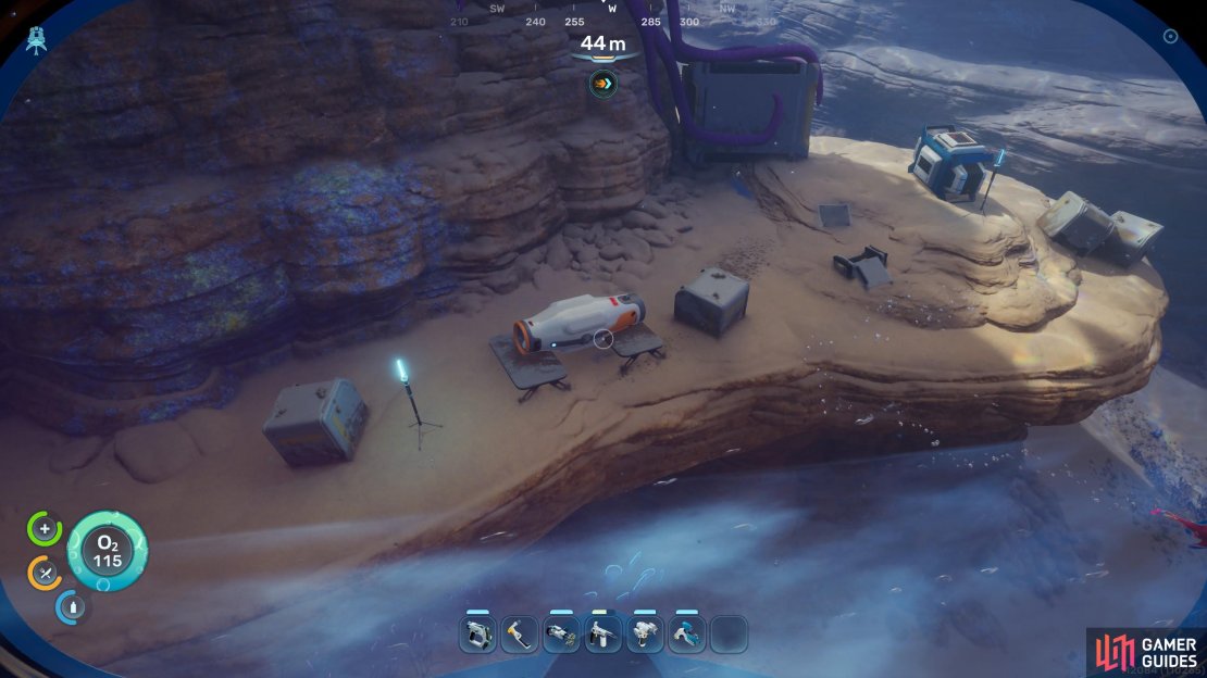 Search a crate-covered ledge near the Old Habitat for another Hydroelectric Turbine scan.