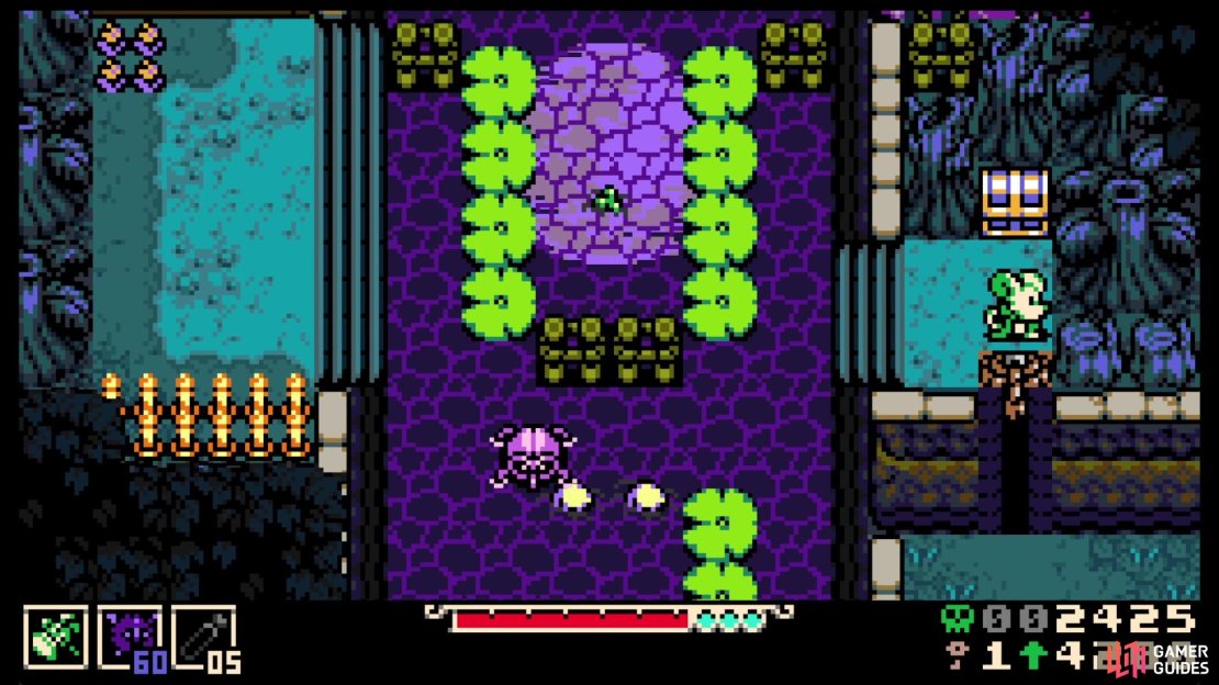 Go south on the long vertical screen to hit the shortcut rope and also grab a Bonestone Gem.