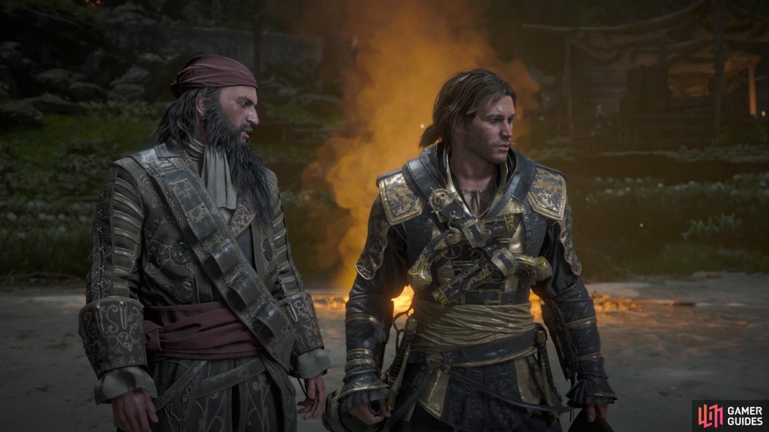 Blackbeard and Edward Kenway enjoying a drink by the campfire