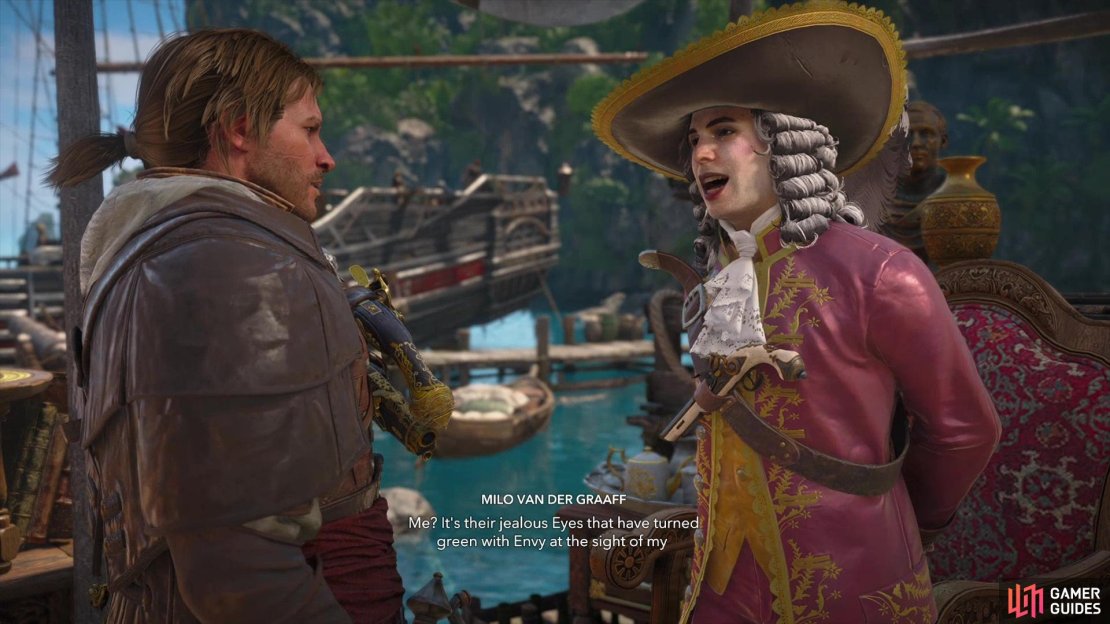 Find Milo Van Der Graaf on Great Inagua after completing “This Old Cove” to start his Naval Contract questline.