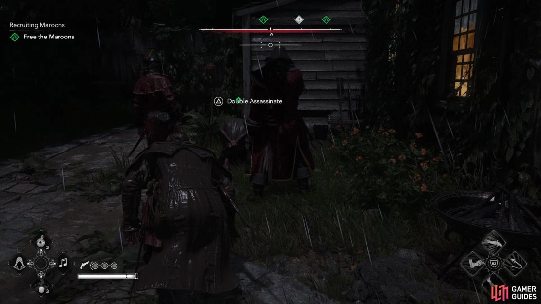 For the second quest in the questline, you’ll need to free three captives - double assassinate two pairs of guards to rescue the southwesternmost captive,
