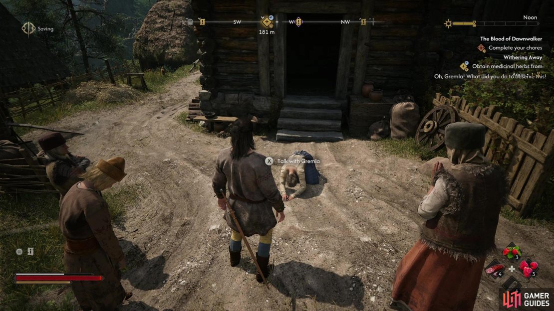 Find Gremla prostrate outside of her shed and talk to her to start this quest.