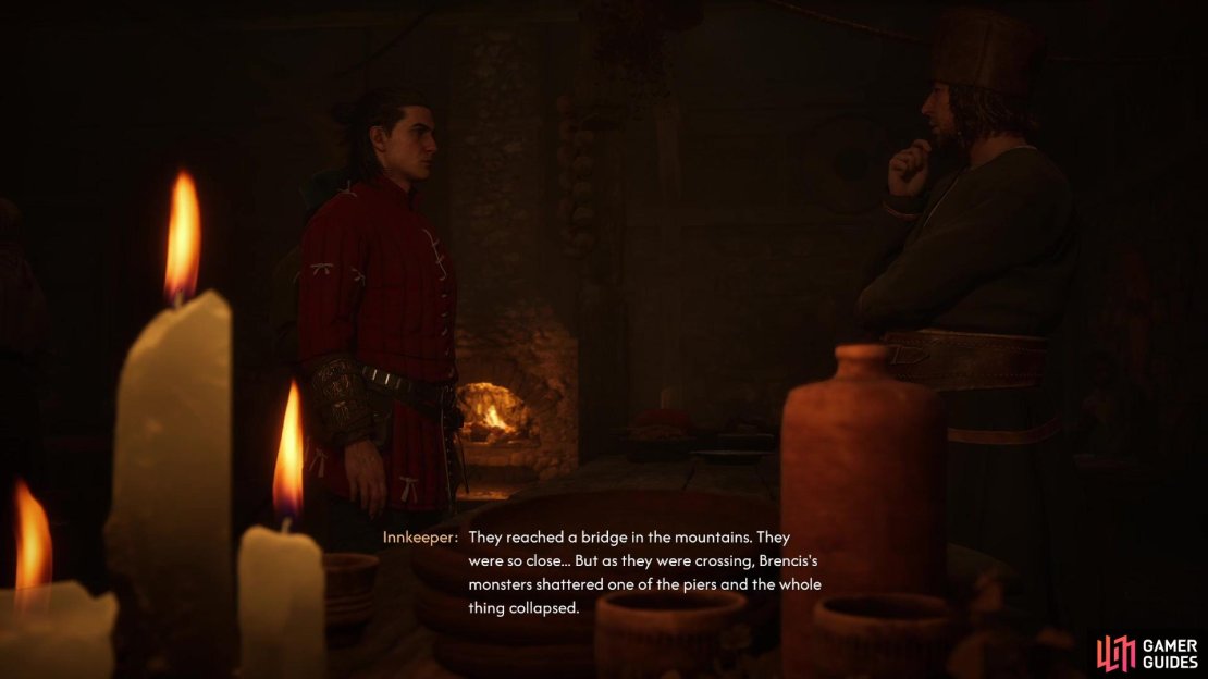 Gossip with the innkeeper in Svartrau City to learn about Skender’s lost treasure.