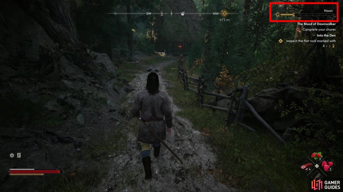 Your time will be tracked on the top right of the screen - each day and night has eight ticks.
