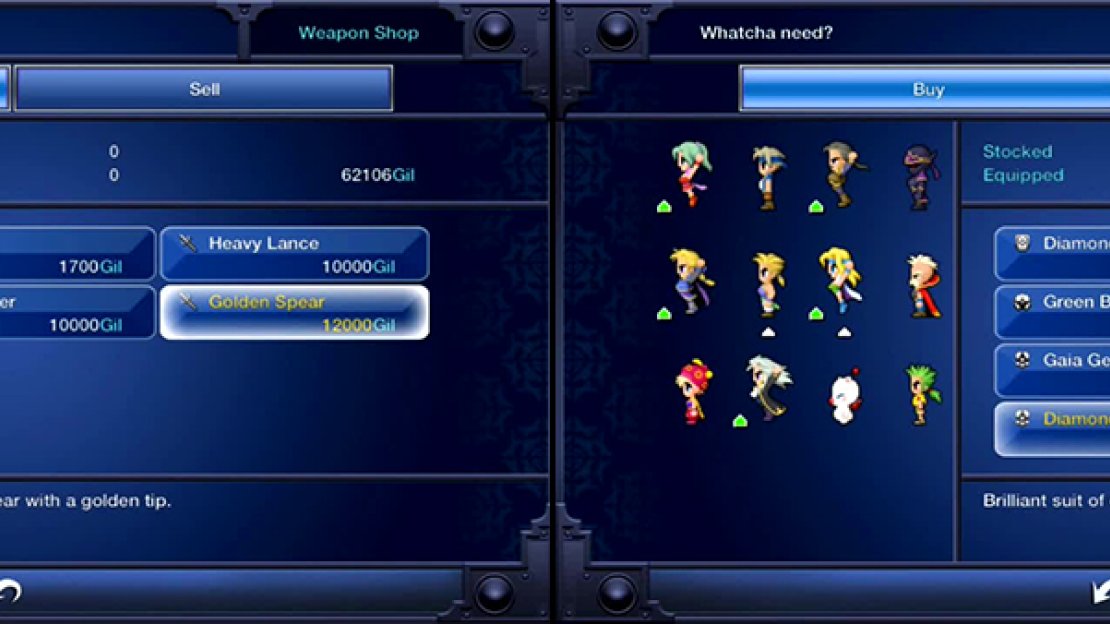The shops here hold expensive, but very powerful new items. The Golden Spear for Edgar is useless as is the Diamond Armor. Definitely worth saving up.
