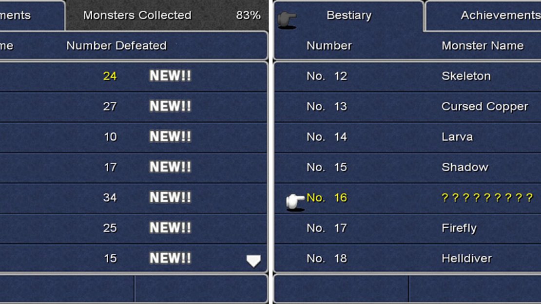 Screenshots display the partial list of what you will see when speaking with the Bestiary Man.
