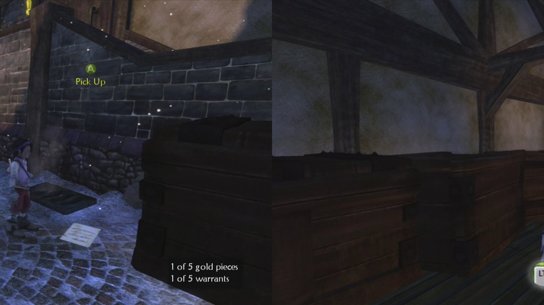 Grab the warrant from the ground in front of the warehouse (left) and accept the task to go inside to kill the beetles (right)