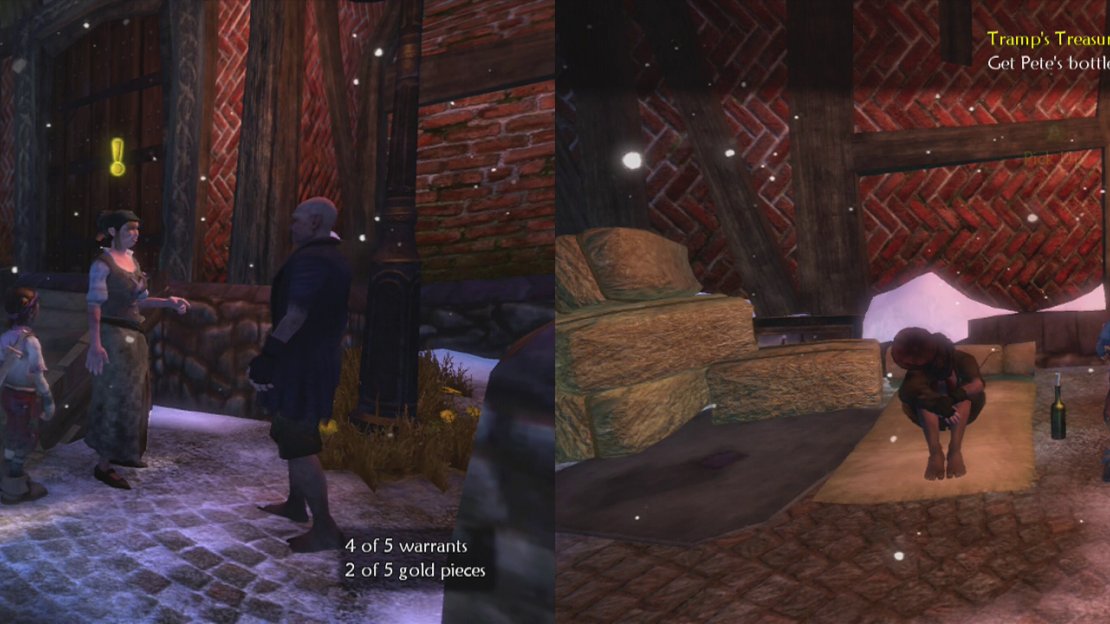 Talk to the couple opposite the warehouse (left) and go down the nearby alleyway to find the bottle (right).