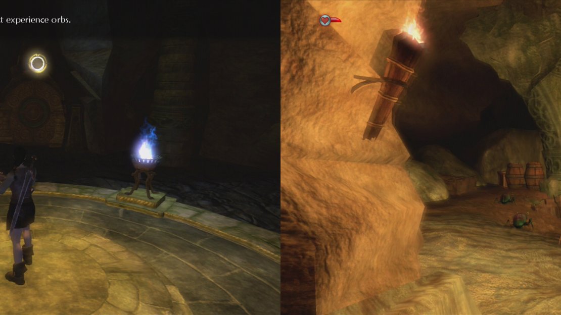 When you reach the circular room (left), look for a small secondary tunnel leading to a room full of beetles and goodies (right).