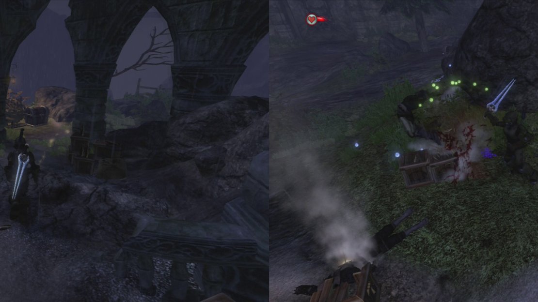 As you move through the area along the set path, keep an eye out for chests to loot! There is a chest beneath the arches (left) and another behind the large rock (right).
