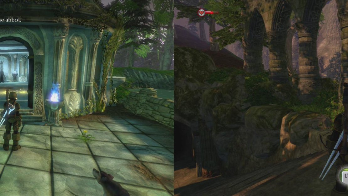 Begin the quest by returning to the abbot (left) and then make your way to the nearby ruins to meet the monk we need to escort (right).