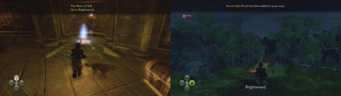 Use the Cullis Gate to leave the Hero&rsquo;s Guild (left) and then make your way to Brightwood (right).