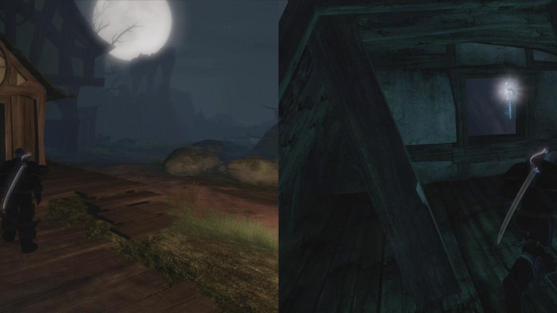 Keep an eye out for the gargoyle (left) and make sure you enter the building to the left of the entrance to the next swamp for a silver key (right).