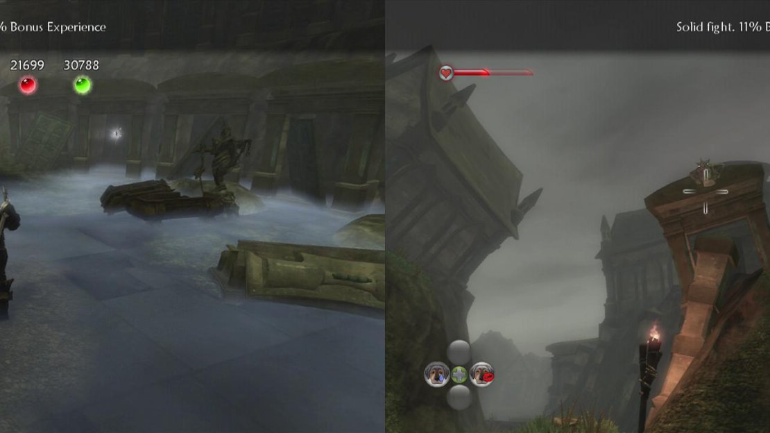 Look out for the silver key in the open tomb following the fight with the elder hollow man (left). Upon exiting the area, look back and shoot the gargoyle (right).