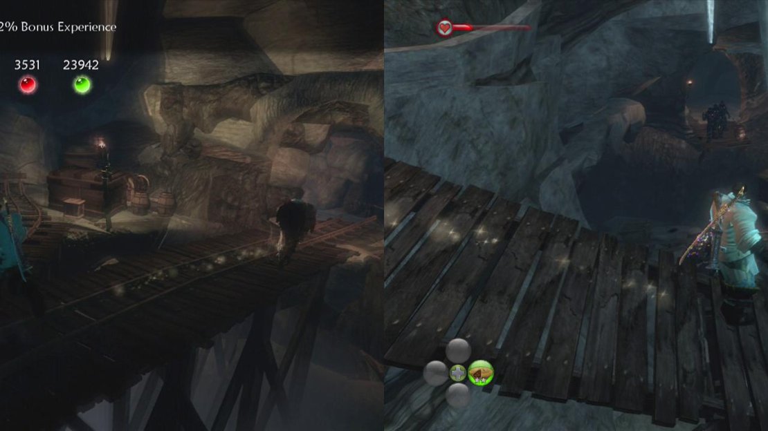 Look behind the crates for a chest (left). Cross the bridge, killing enemies as you go (right).