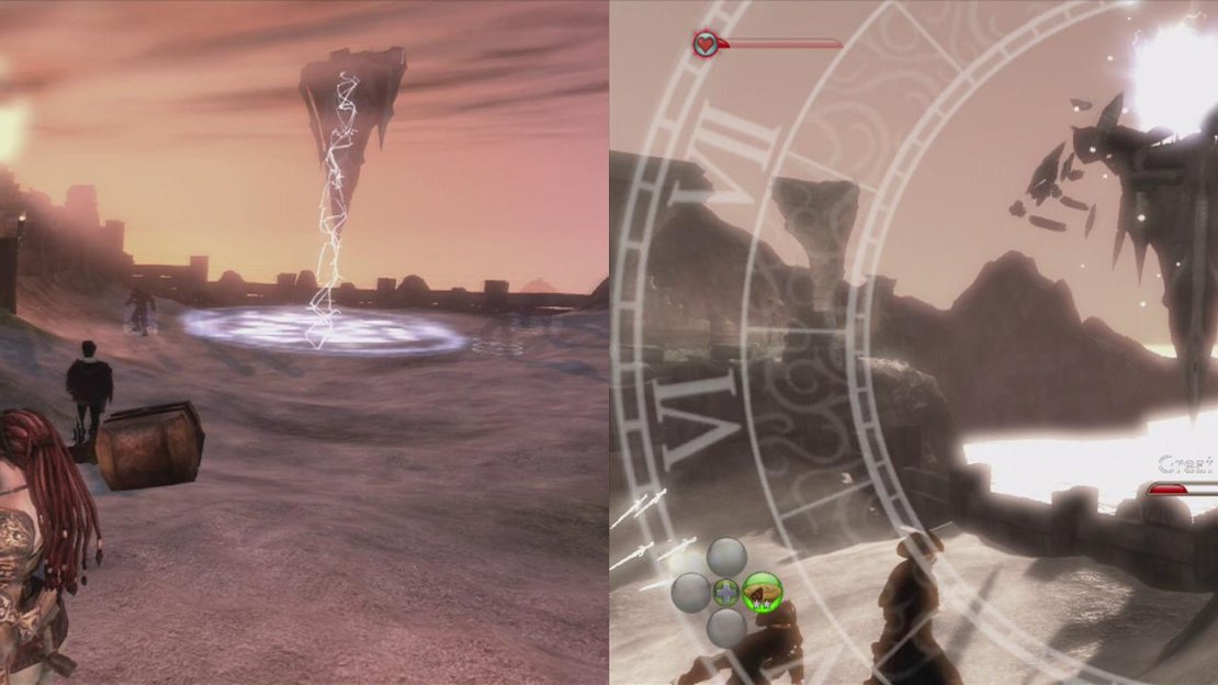 The great shard will summon wave upon wave of enemies (left). To damage it, you need to shoot it or throw spells at it when the white crystal appears (right).