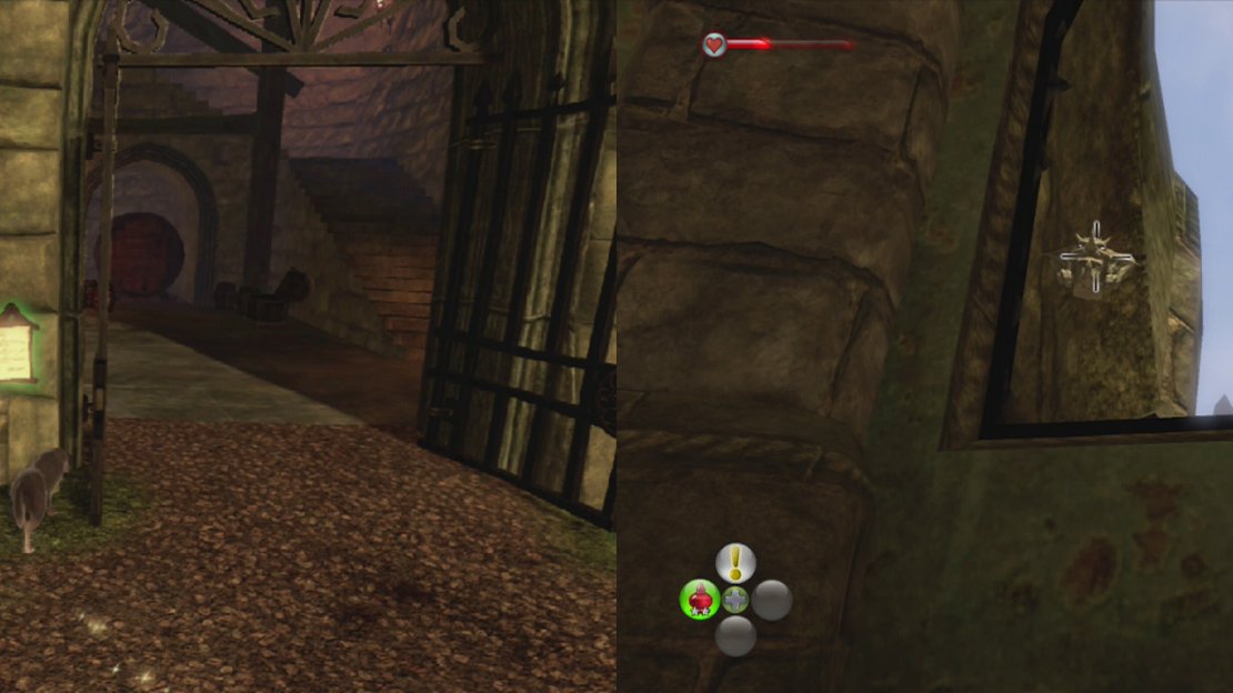 Purchase Brightwood Tower (left). Climb to the room at the very top and shoot out the window to find a gargoyle (right).