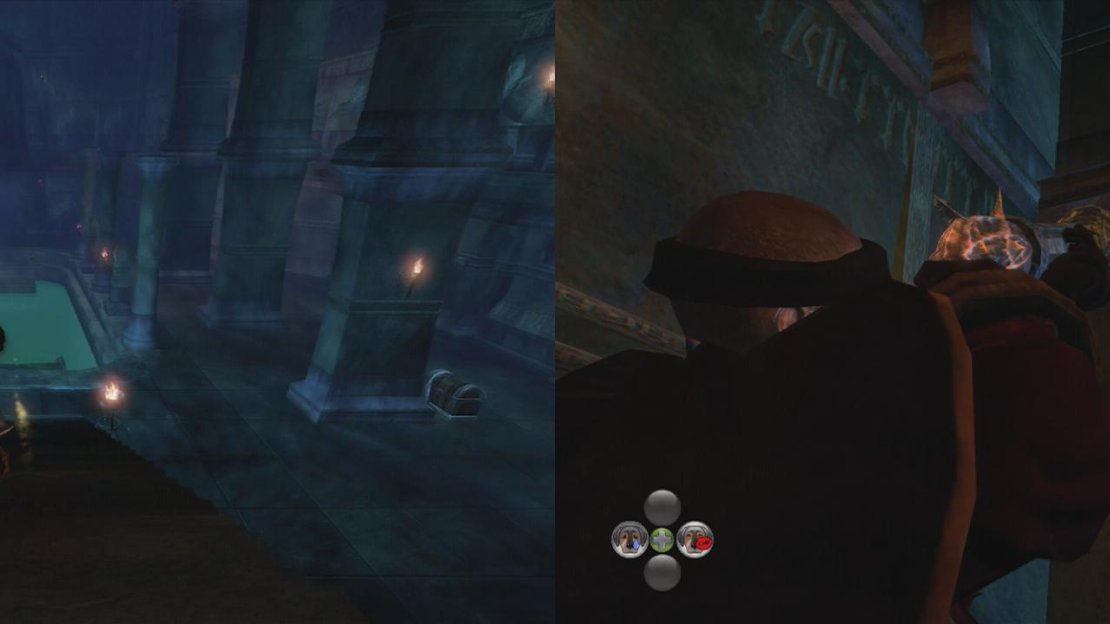 After the pool room (left) enter the next hallway and then turn around to see a gargoyle (right).