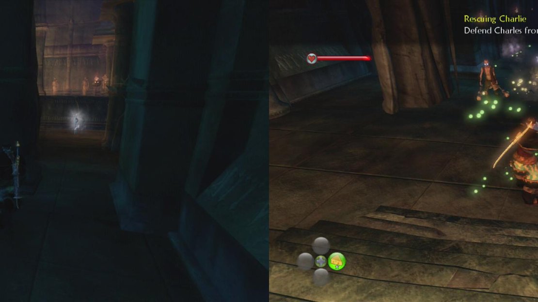 Find the silver key in the main room (left) and then defend Charlie as he attempts to open the chest on the raised platfrom (right).