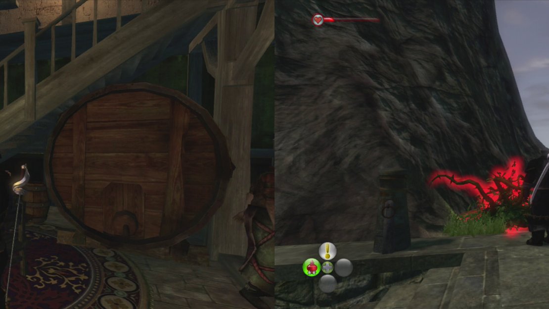 Pick up the quest in the inn (left) then find the shrubs along the waterfront leading to the cave (right).