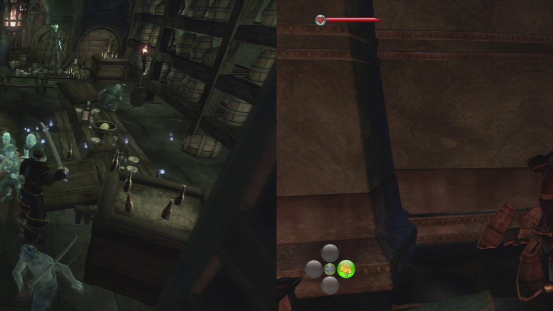 Once inside the cave, fight off the the ghots pirates (left) and then look for the pressure plate beneath the destructibles int he next room (right).