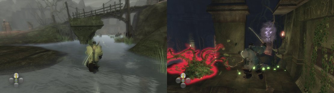 Twinblade’s Tomb can be found in Wraithmarsh by the bridge leading to Bloodstone (left). Inside, clear the shrubs int he first room to find a pressure plate (right).