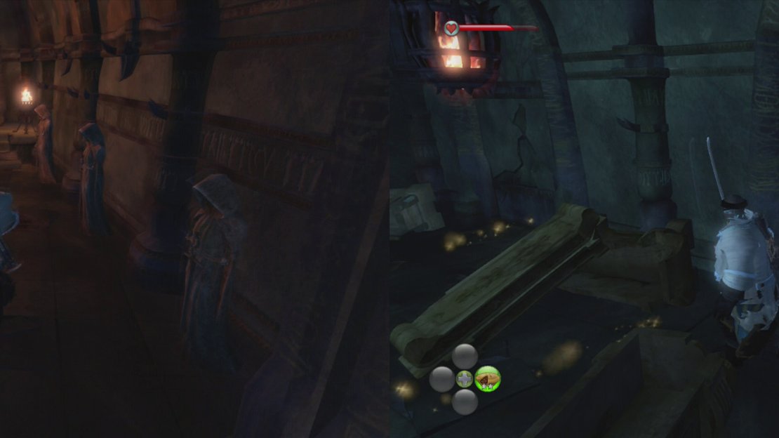 Grab the treasure (left) and then break the wall behind the coffins for a silver key (right).