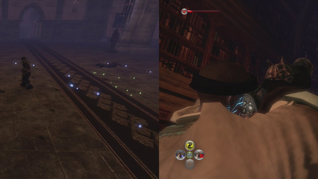 Clear the bandits out of the throne room and the library. When the library is clear, shoot the gargoyle (right).