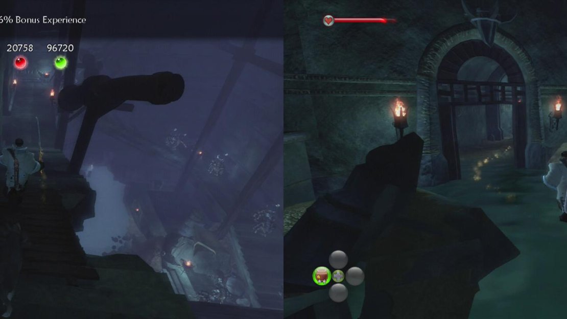 Work your way down the stairs (left) and enter the doorway at the bottom (right).
