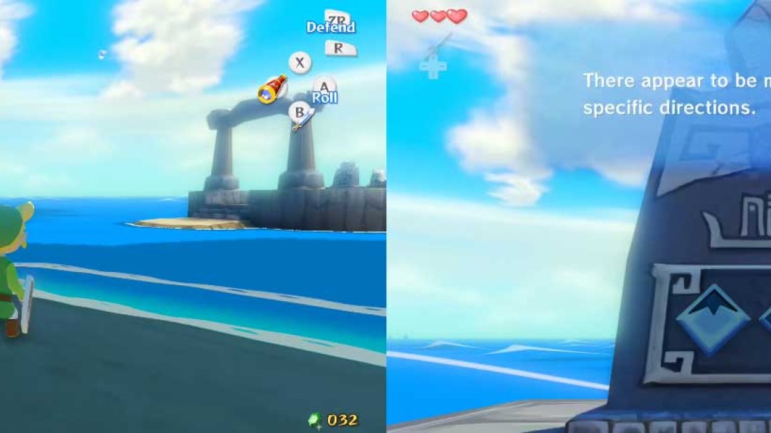 Since you have the Wind Waker, it is time to make use of the shrine behind the island. In front of you is a tunnel; follow it until you reach the coast behind the island. From there, you should be able to spot a tinier island. Swim to it and examine the un-fragmented stone tablet on the left.