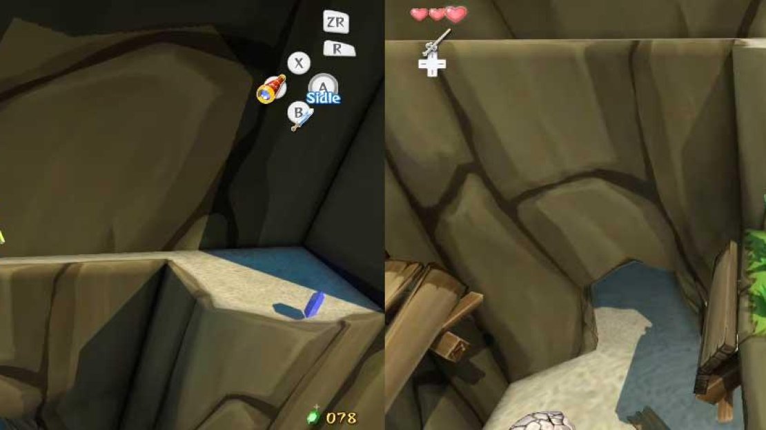 Continue in a similar manner, using Bomb Flowers to blow up rocks. Soon, you’ll come to a gap too large to jump. Like in the Forsaken Fortress, sidle across the gap. Nearby is a smaller rock (still too heavy to lift at this time) and a Bomb Flower. Use the Bomb Flower to blow up the rock. The two blocks above it then fall.