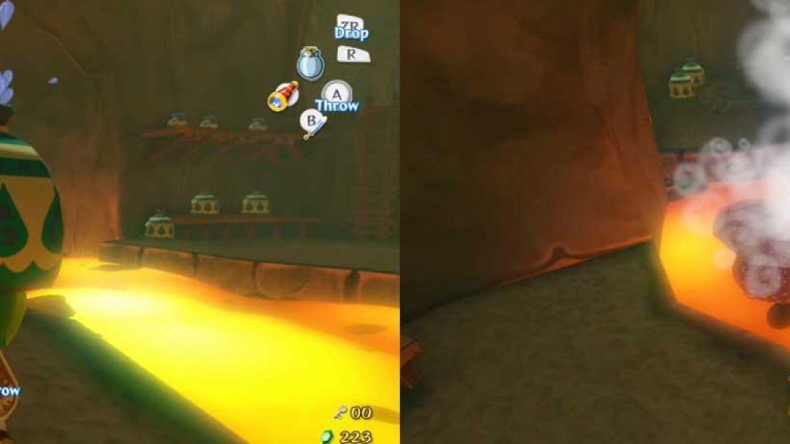 In this room, grab one of the greenish pots. You ever see those movies where water is poured onto lava, making it hard? We’re doing that now, to make a temporary platform. BUT, instead of immediately going across, throw the pot towards the ledge at the left. Why? There is a ledge there with a chest!