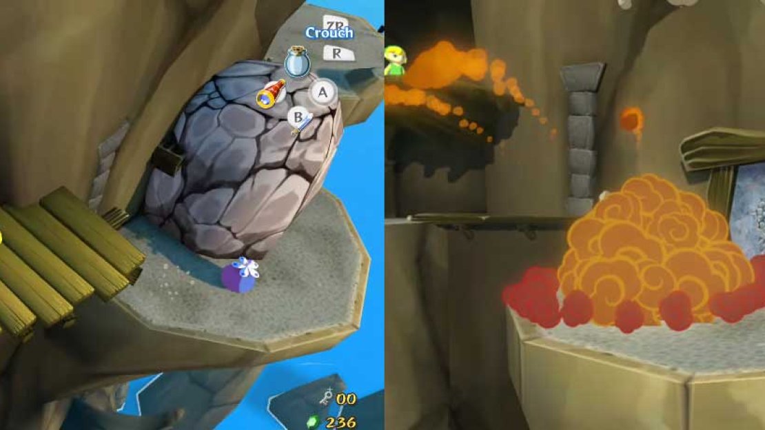 This ledge has nowhere to go. However, there is a large boulder to the left. Some rocks are nearby, but what effect would they have on a massive boulder. Look beside the boulder: do you not see two Bomb Flowers?