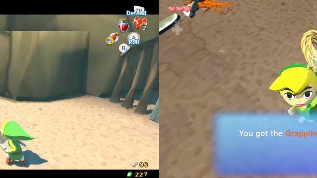 After the battle, Medli’s cage opens. When you talk to her, you find that she has found the cause of Valoo’s anger: something in the room below Valoo is messing with his tail. Medli decides to go and tell everyone what’s happening. Before she leaves, she gives you a Grappling Hook and a tutorial on how to use it.