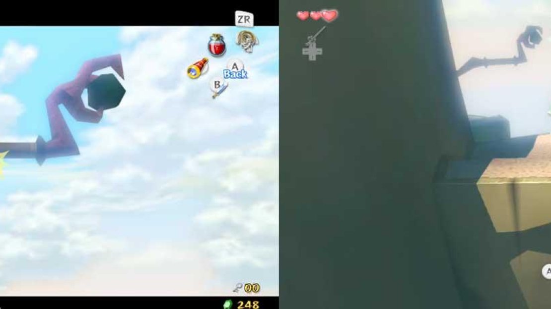 The Grappling Hook actually stole an item from the enemy! You can do this a total of three or four times to receive one item (for certain enemies), Rupees, magic jars, or hearts. Anyhow, get rid of the Bokoblin on the bridge, then, when across, a Bokoblin will jump out of one of the pots in front of you.