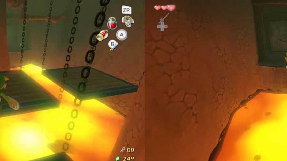 Change your height by moving the Control Stick as needed, then swing onto the ledge. Jump across the platforms. On the last one, use the Grappling Hook to look above, then hook onto the stick. Swing across to the door and go through it.
