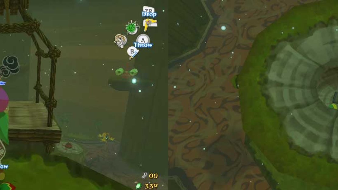 Jump off of the cable car and use to Deku Leaf to go into the hole yourself. Open the chest to get a Treasure Chart (#1). There will be a hole nearby. Crawl through it and then go back to the entrance to continue.
