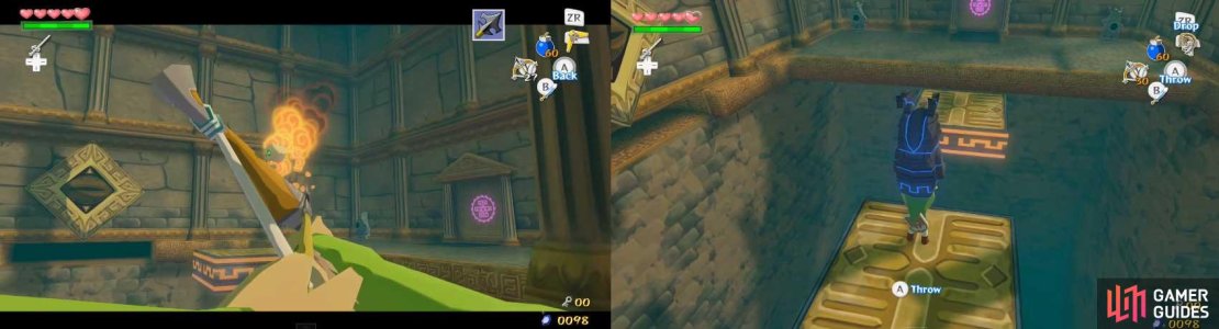 Two floating platforms will emerge from an alcove beneath the eye. Now, use the Grappling Hook to swing to what is now your left side of the room - where you left the statue. There, pick up the statue and cross the floating platforms and go through the door.