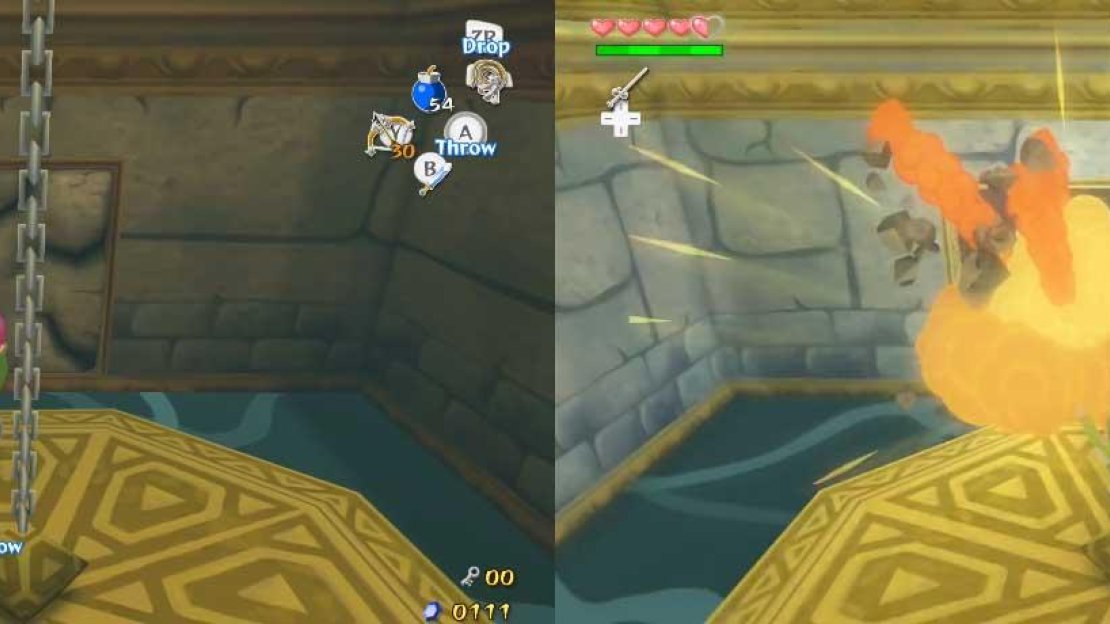 Pull out a Bomb and hold it for about 3 ~ 5 seconds, then throw it. If you timed it well, it should blow up as it passes near the wall, consequentially ridding you of the blockade. Behind the wall, you’ll find a door. Go through it.