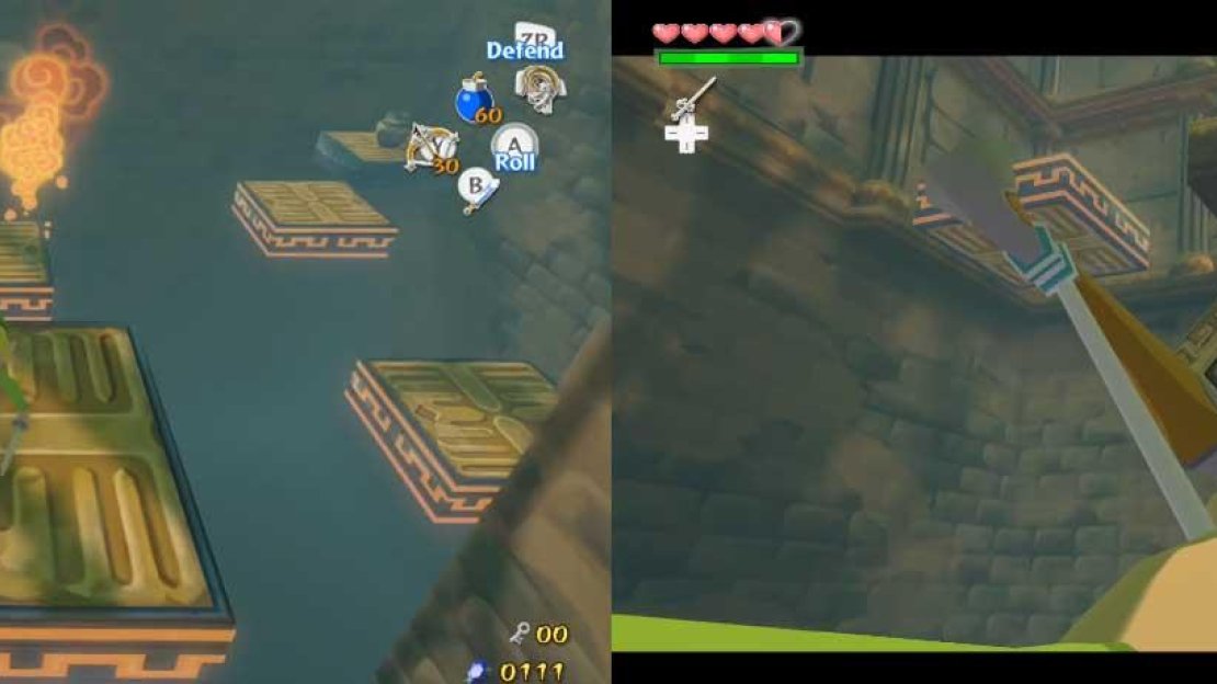 You’ll emerge in one of the least-favorite rooms of the dungeon. This room has many moving platforms, a few Red Bubbles, no floor, and few refills.