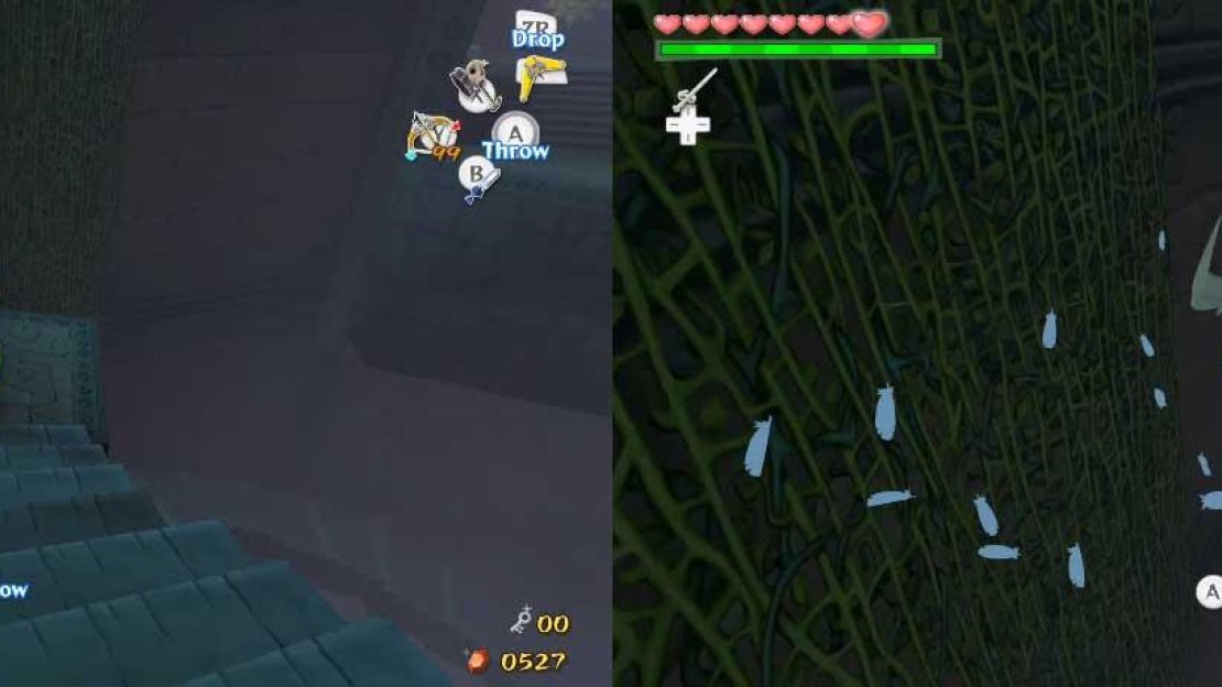 Now, go to the left along the stairs until you come to a gap. Between here and the next set of stairs is a gap and some vines. Simply grab Medli and jump and fly across.