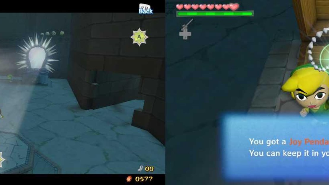 Shine some light onto the chest to the left of the mirror; when Link opens it later, you’ll find a Joy Pendant.