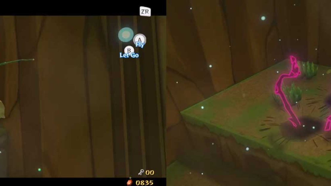 This room consists of several ledges with mounds of soil on each. Link, at this time, cannot travel any further. Instead, take control of Makar and fly up to each and every of the three ledges and plant a tree.