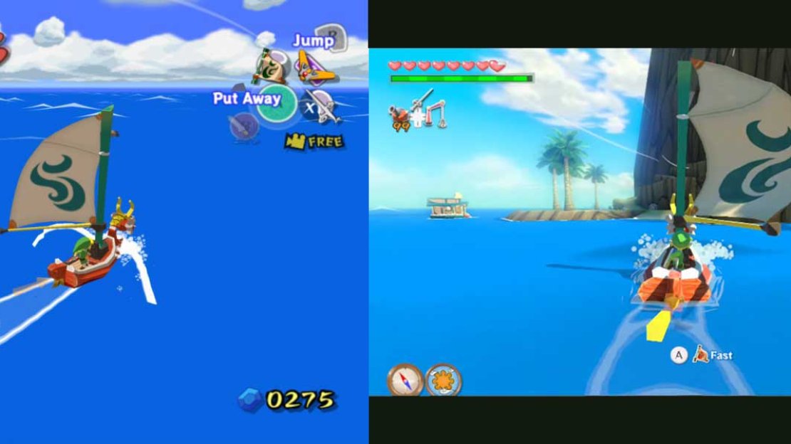 The GameCube’s version (sub-HD with original HUD) on the left and the 1080p Wii U HD-edition on the right.
