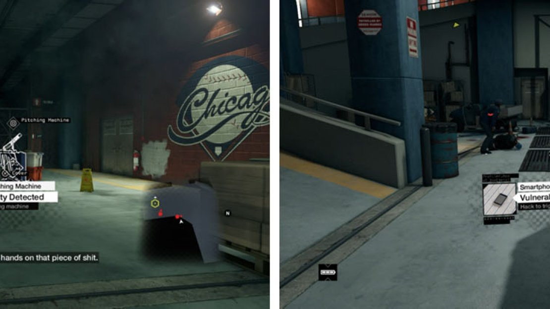 Distract the enemies with environmental objects such as the pitching machine (left) and cell phone (right).