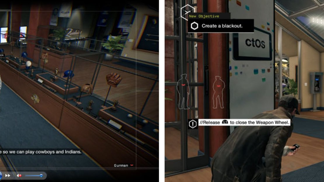 Hack the security code from the guard (left) and start a Blackout to escape the stadium (right).