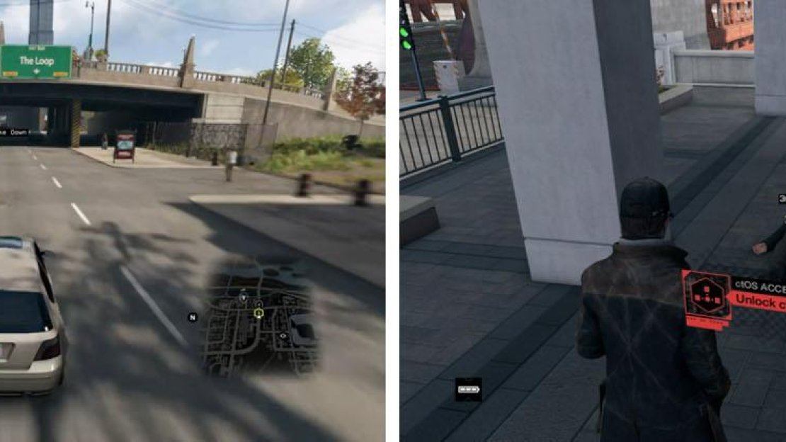 Chase down the culprit in your car (left) and then on foot to hack into his phone (right),